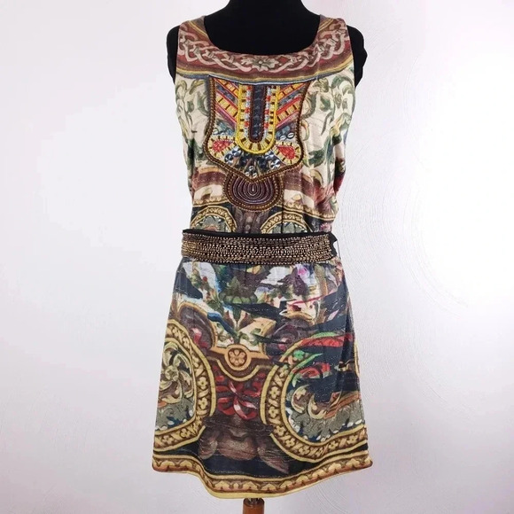 𝅺Desigual Scroll Medallion Egyptian Embroidered Sleeveless Blouson Dress S - Picture 1 of 13